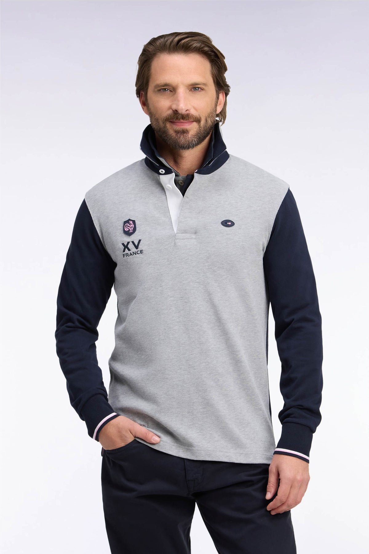 Long-sleeved jersey in navy and gray cotton jersey XV de France