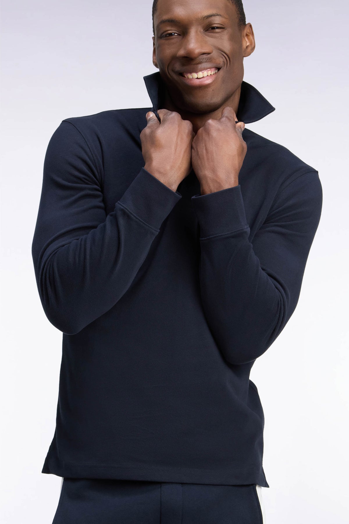 Long-sleeved jersey in embroidered navy cotton jersey