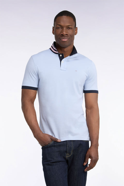 Polo manches courtes sous-col rayé en coton Pima gris coupe droite - Image 3