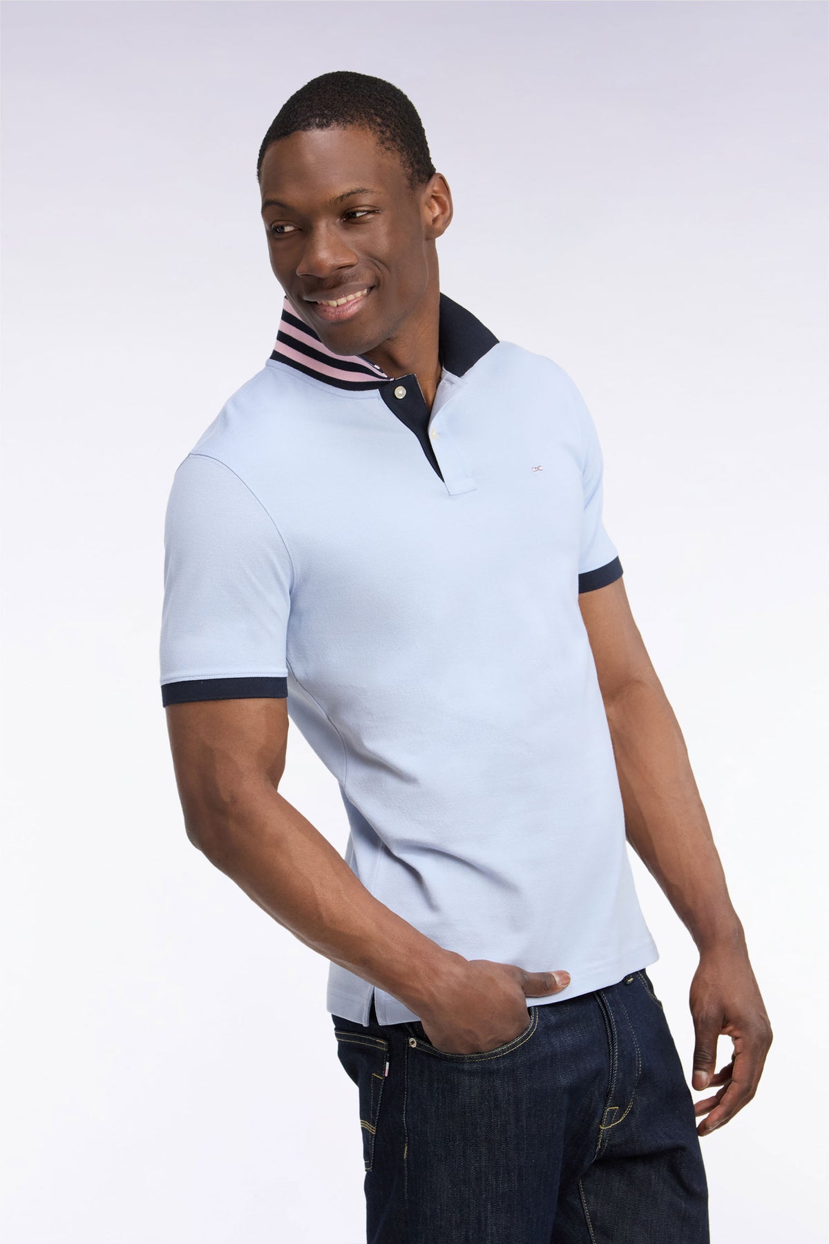 Polo manches courtes sous-col rayé en coton Pima gris coupe droite
