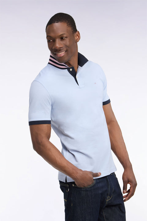 Polo manches courtes sous-col rayé en coton Pima gris coupe droite - Image 1