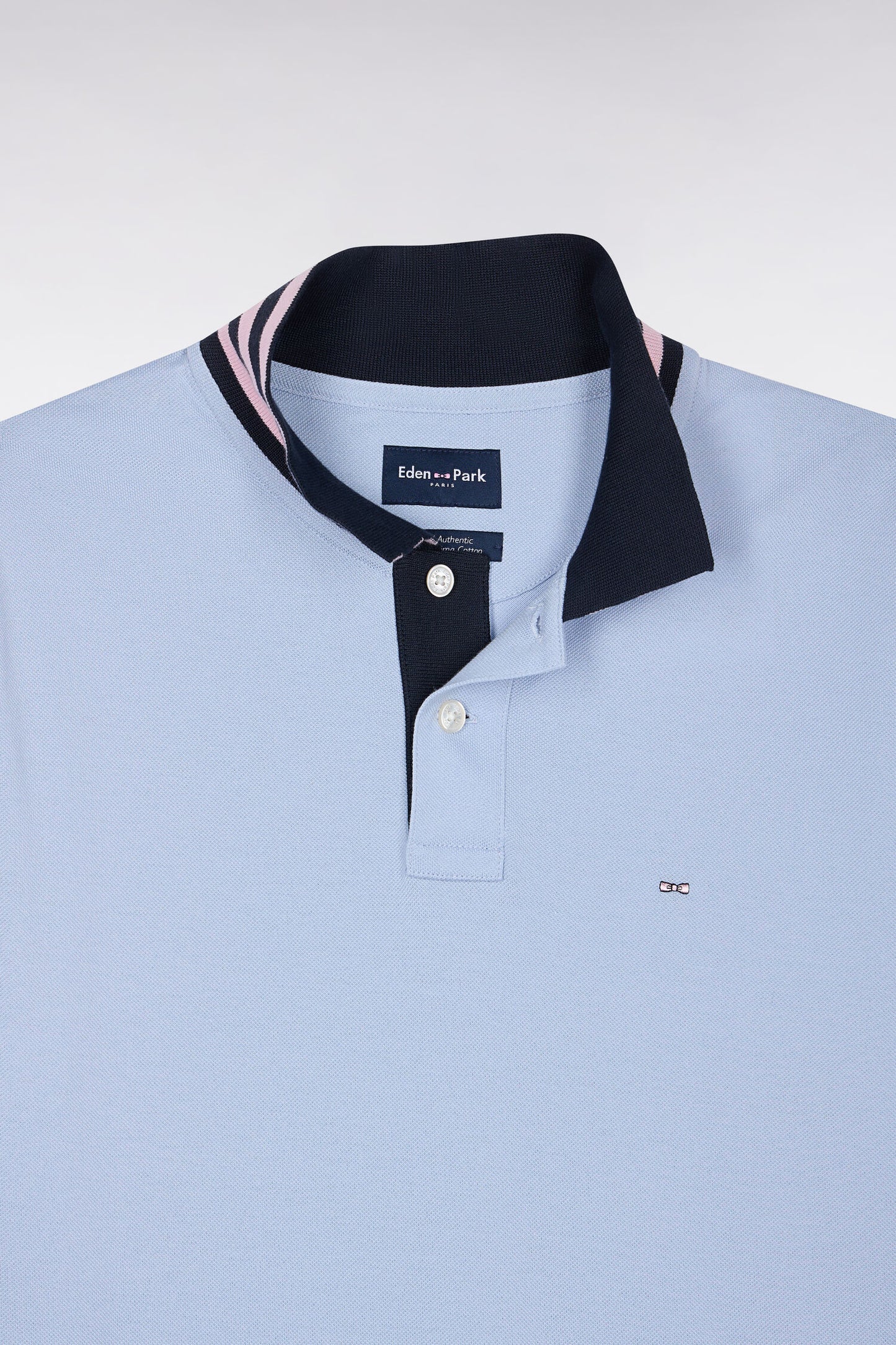 Polo manches courtes sous-col rayé en coton Pima gris coupe droite
