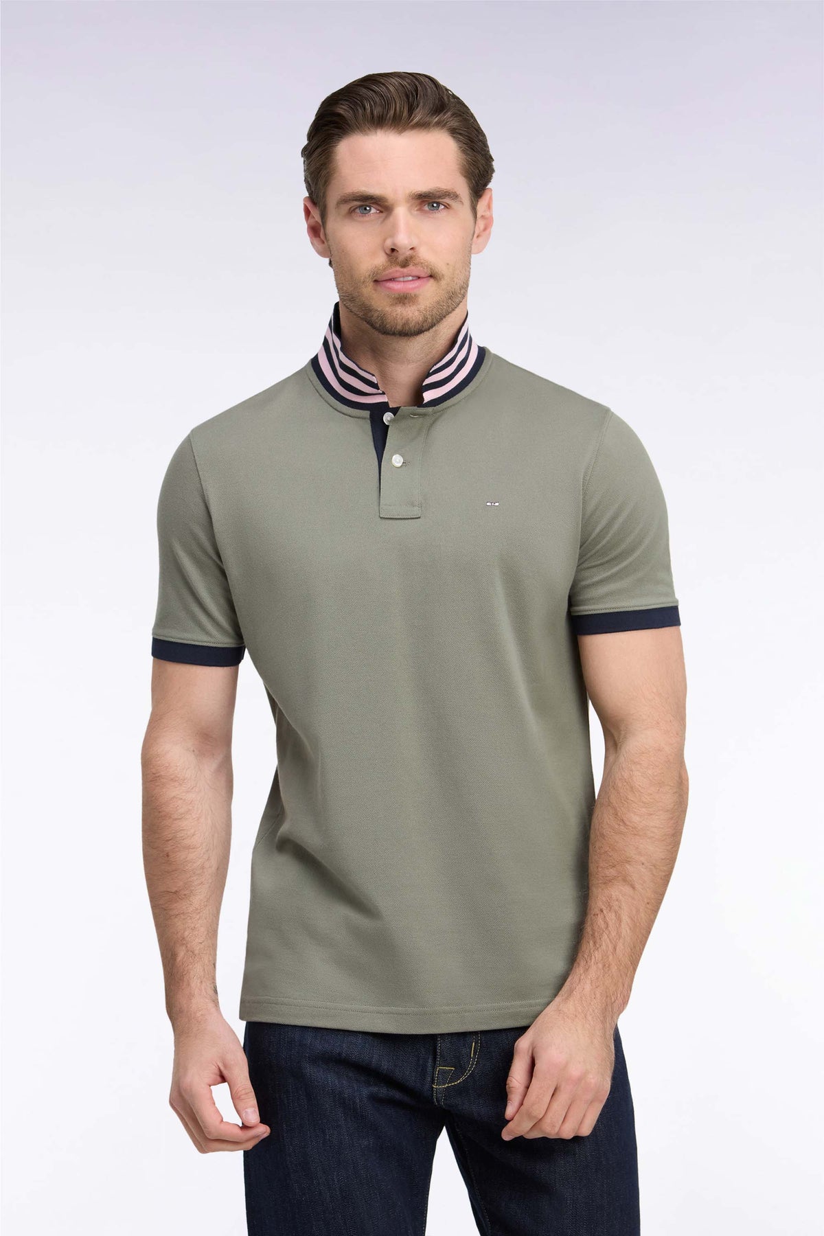 Polo manches courtes sous-col rayé en coton Pima kaki coupe droite