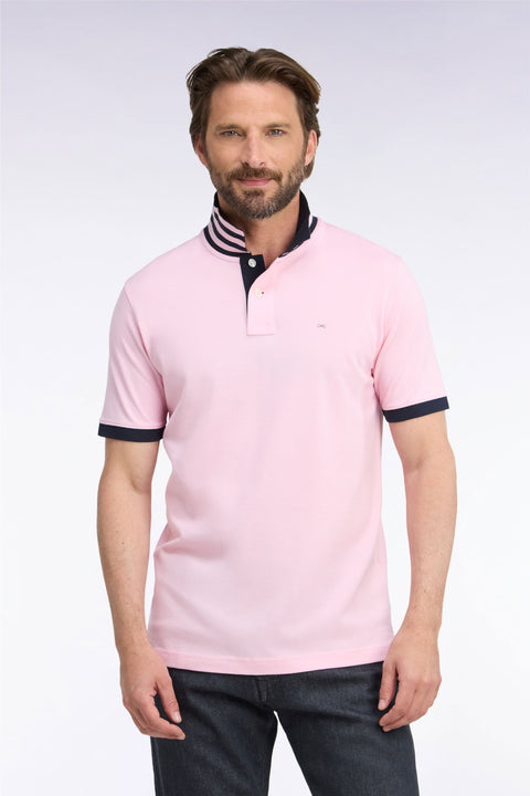 Polo manches courtes sous-col rayé en coton Pima rose coupe droite - Image 3