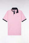 Polo manches courtes sous-col rayé en coton Pima rose coupe droite