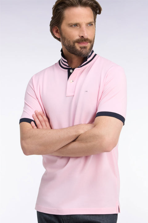 Polo manches courtes sous-col rayé en coton Pima rose coupe droite - Image 1
