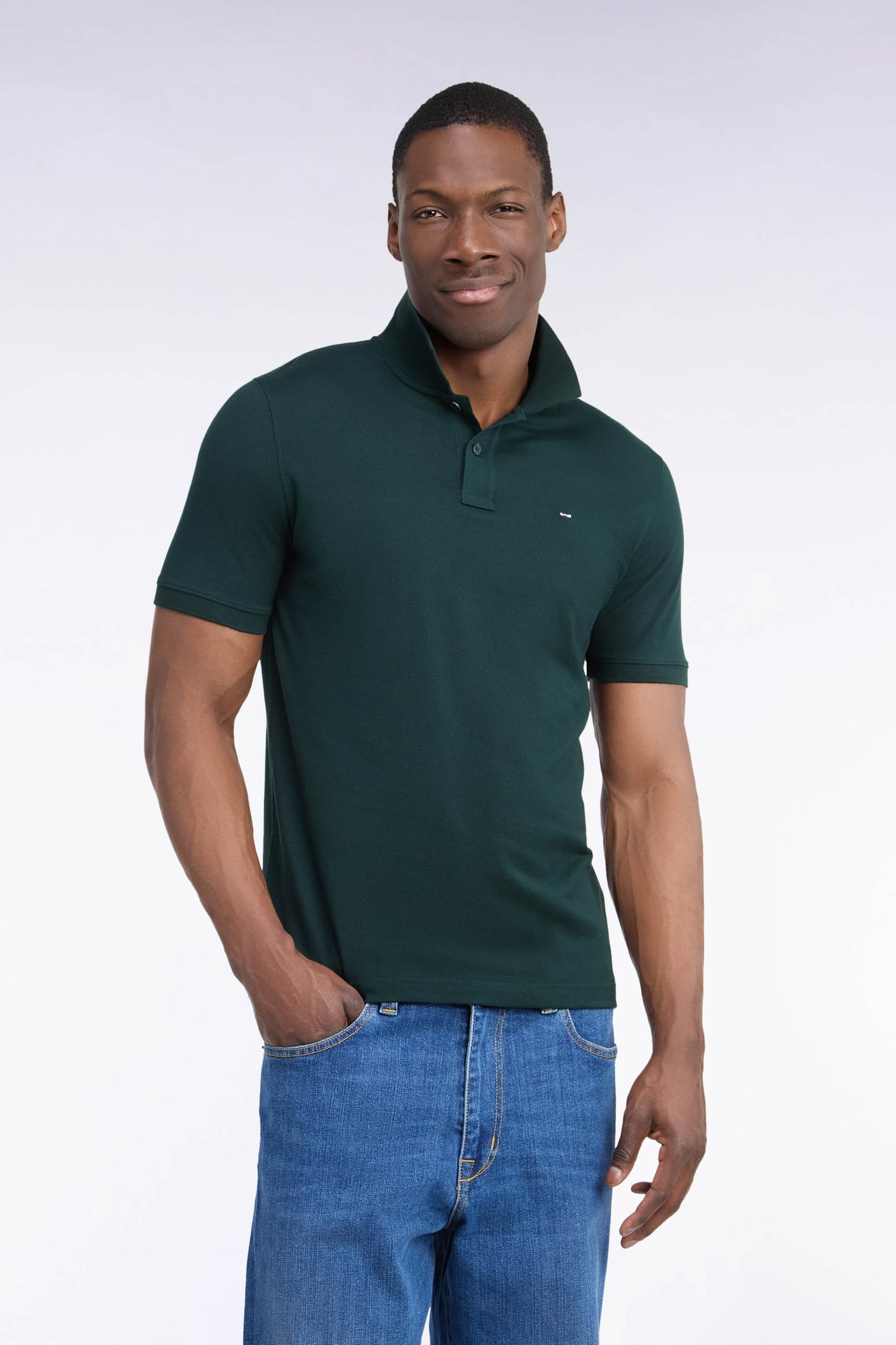 Polo manches courtes en coton Pima vert foncé coupe droite