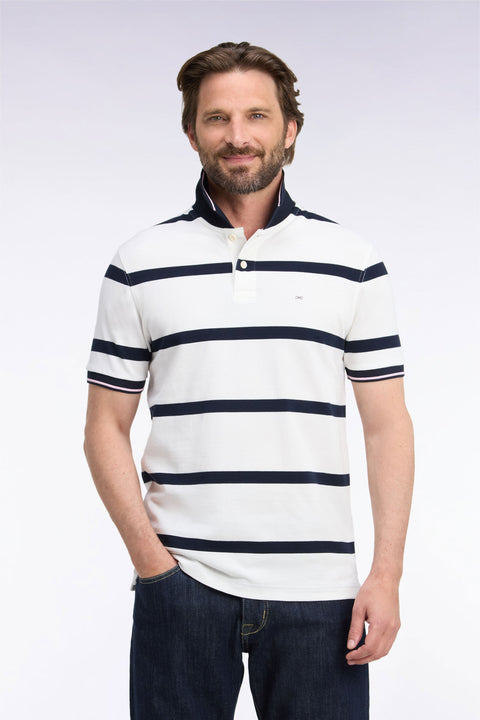 Short-sleeved ecru polo shirt with navy stripes, straight cut - Image 3