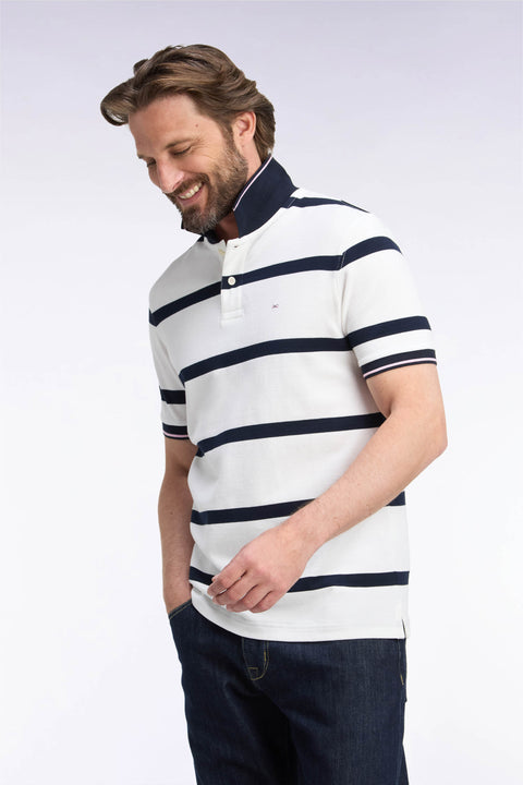 Short-sleeved ecru polo shirt with navy stripes, straight cut - Image 1
