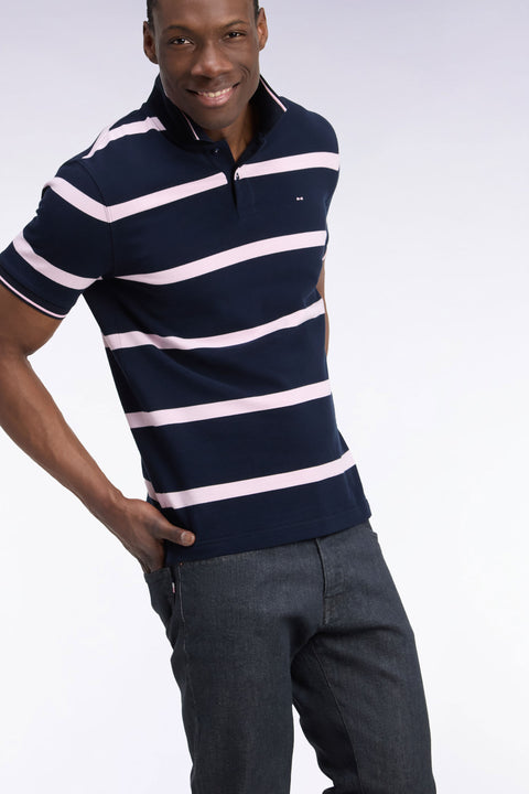 Polo manches courtes marine à rayures roses coupe droite - Image 1