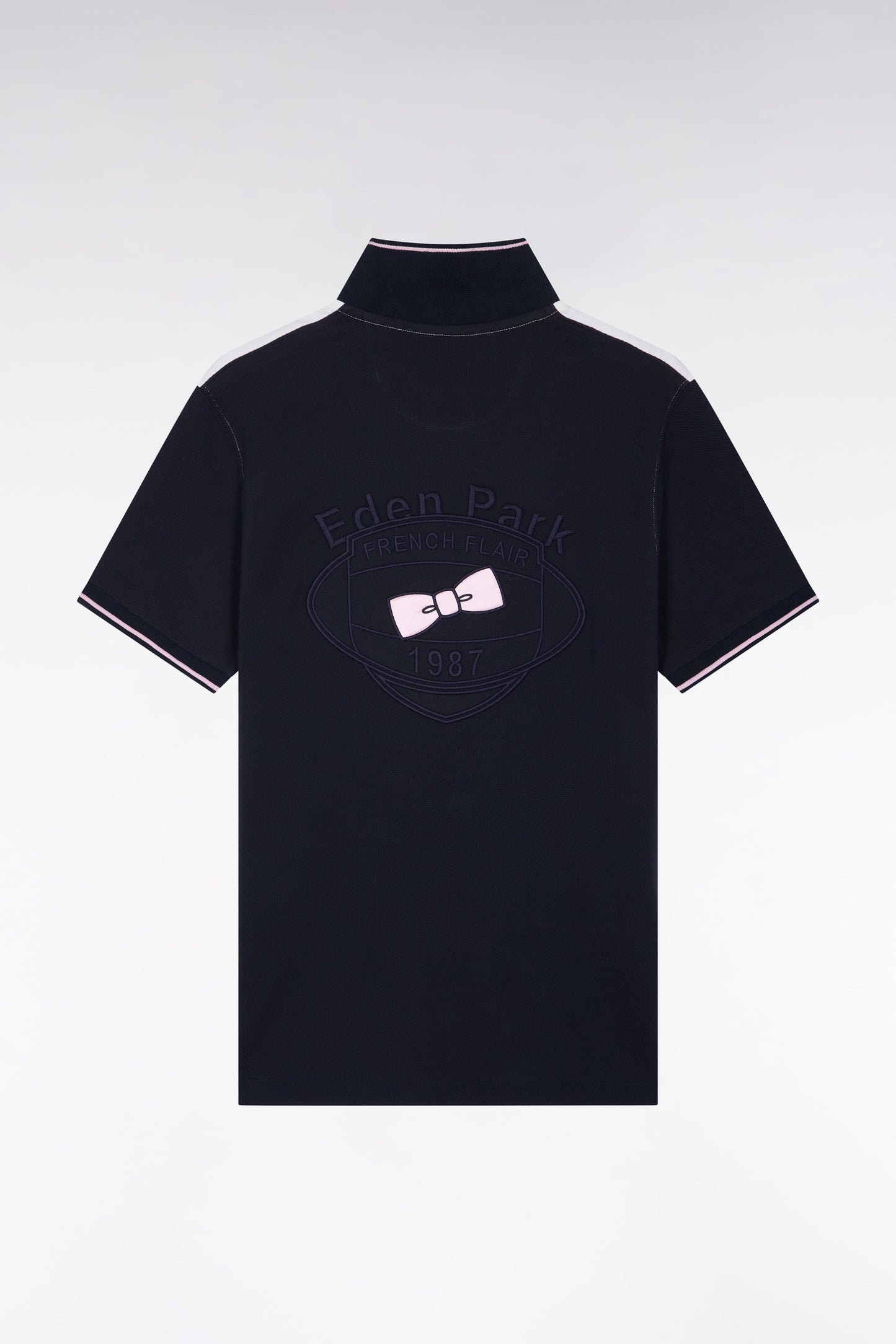 Polo manches courtes en piqué coton blanc et marine dos brodé coupe droite