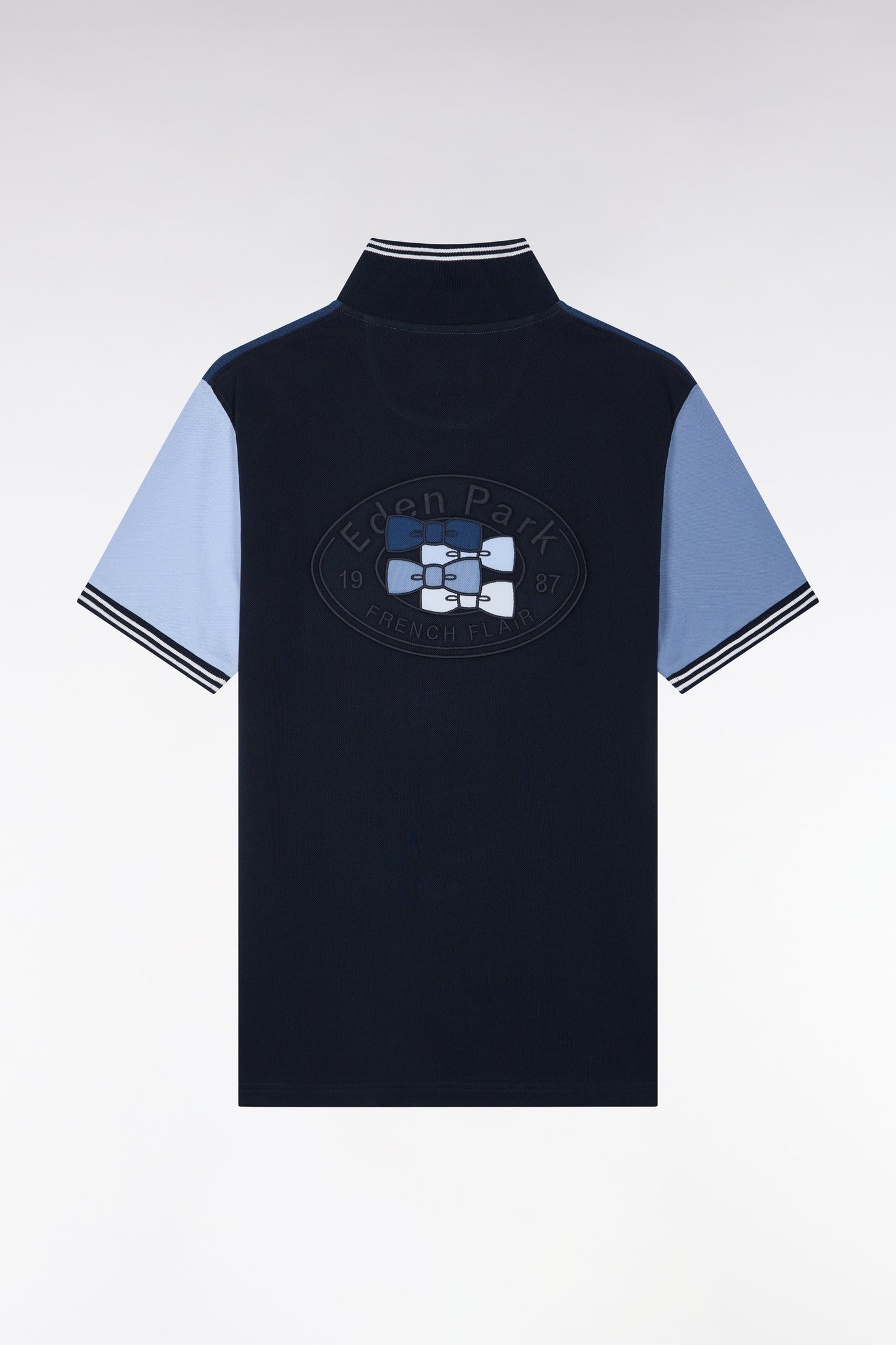 Polo manches courtes en coton tricolore bleu coupe droite