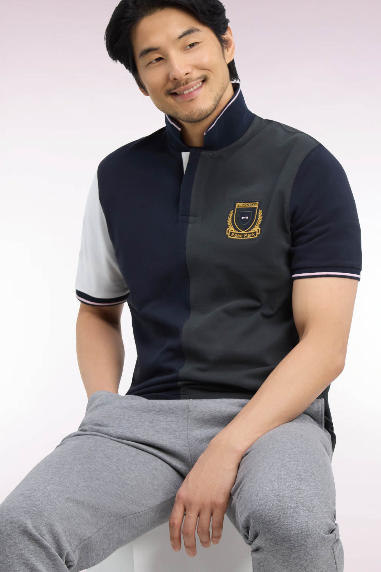 Polo manches courtes en coton kaki et marine coupe droite