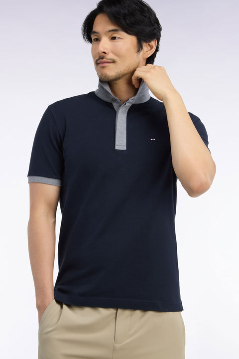 Polo manches courtes bicolore en coton marine et gris coupe droite - Image 1