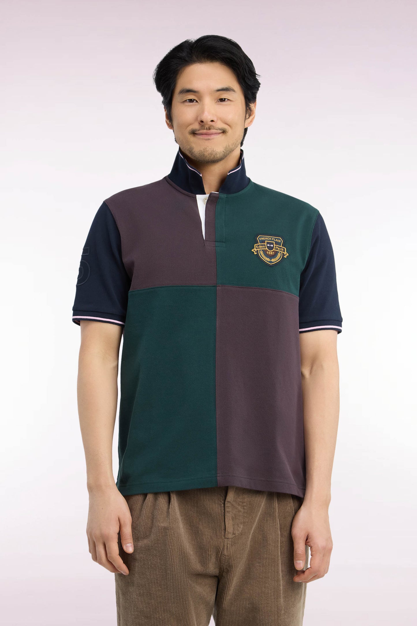Polo manches courtes en coton à cadrans et broderie écusson coupe droite