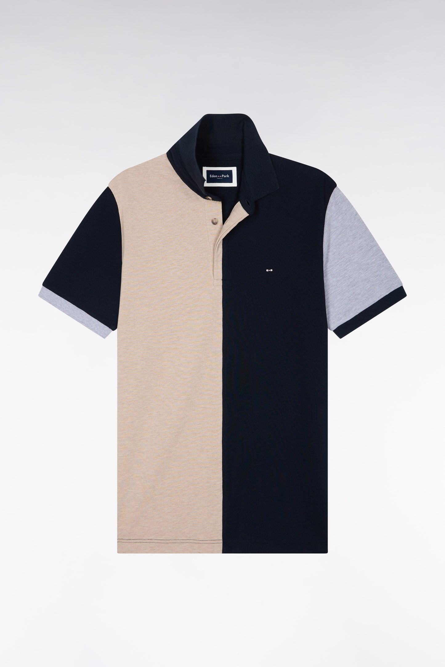 Polo manche courtes en piqué de coton peigné tricolore beige coupe droite