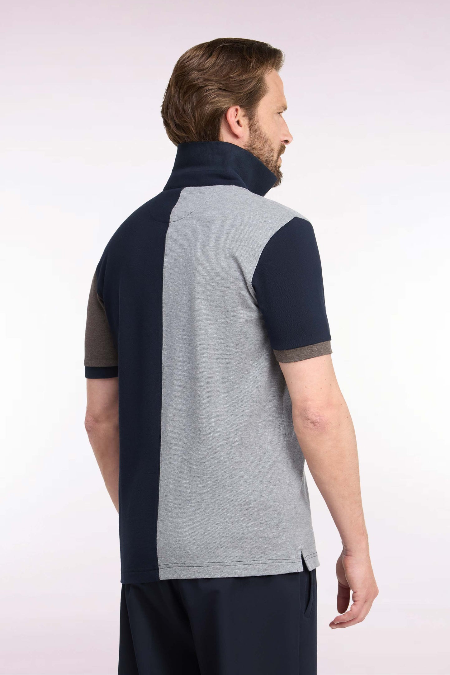 Polo manche courtes en piqué de coton peigné tricolore gris coupe droite
