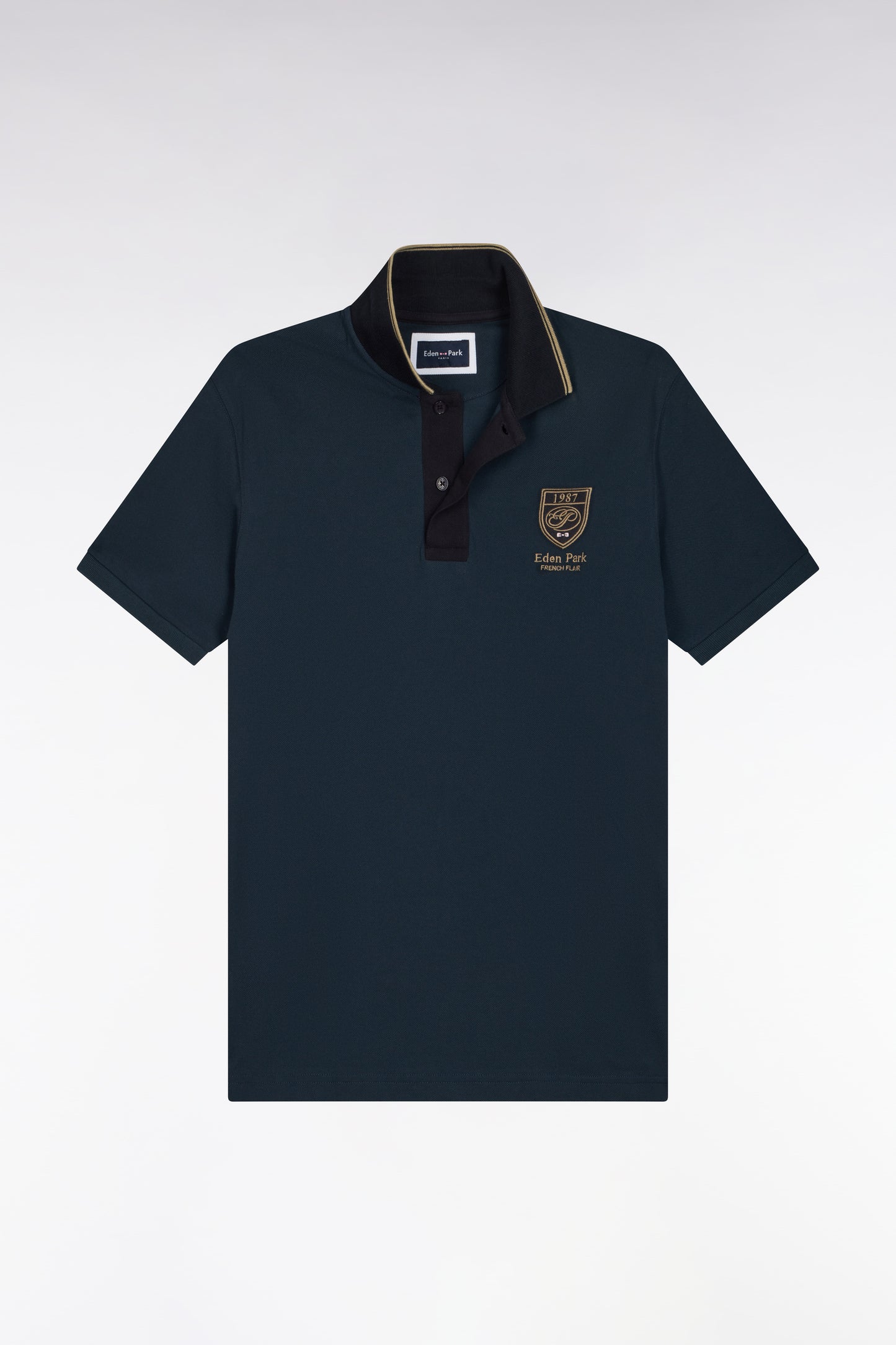 Polo manches courtes en piqué coton bleu gris à écusson coupe droite