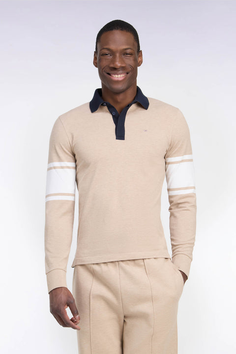 Polo à manches longues en piqué coton beige coupe droite - Image 3