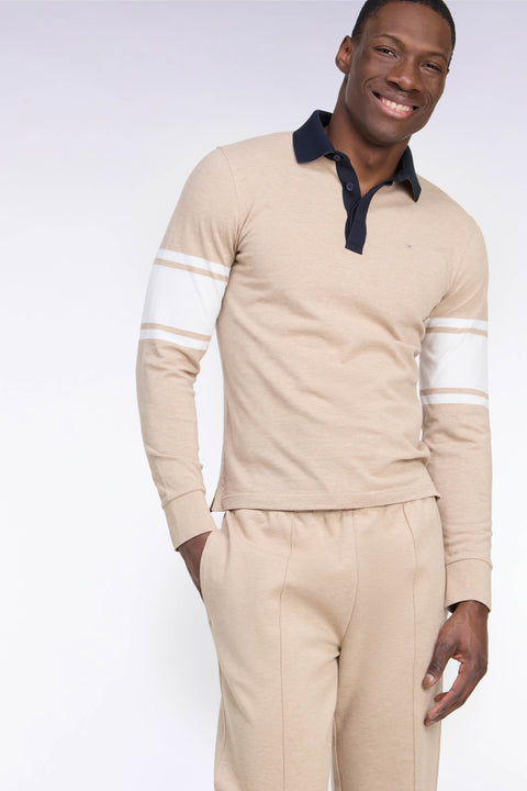 Polo à manches longues en piqué coton beige coupe droite - Image 1