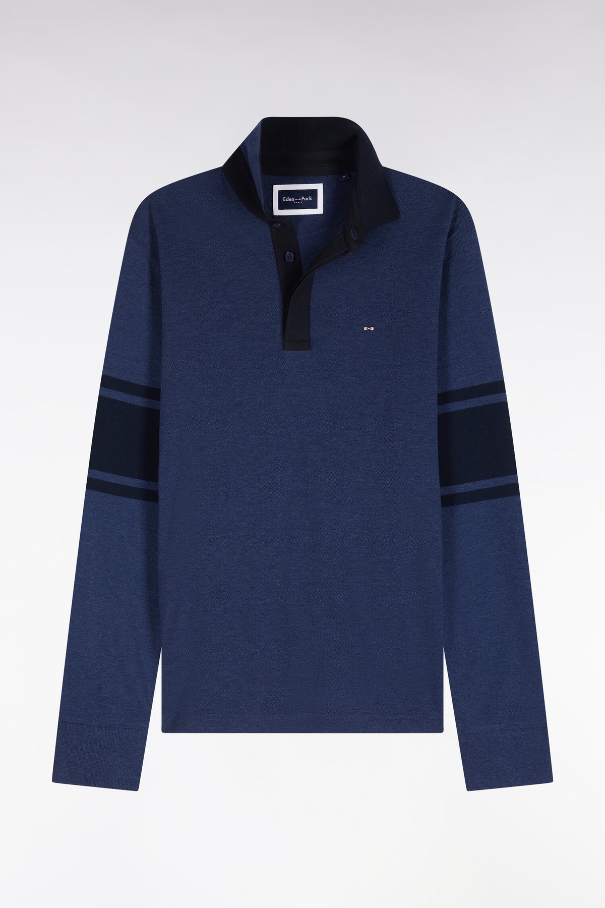 Polo à manches longues en piqué coton bleu et marine coupe droite