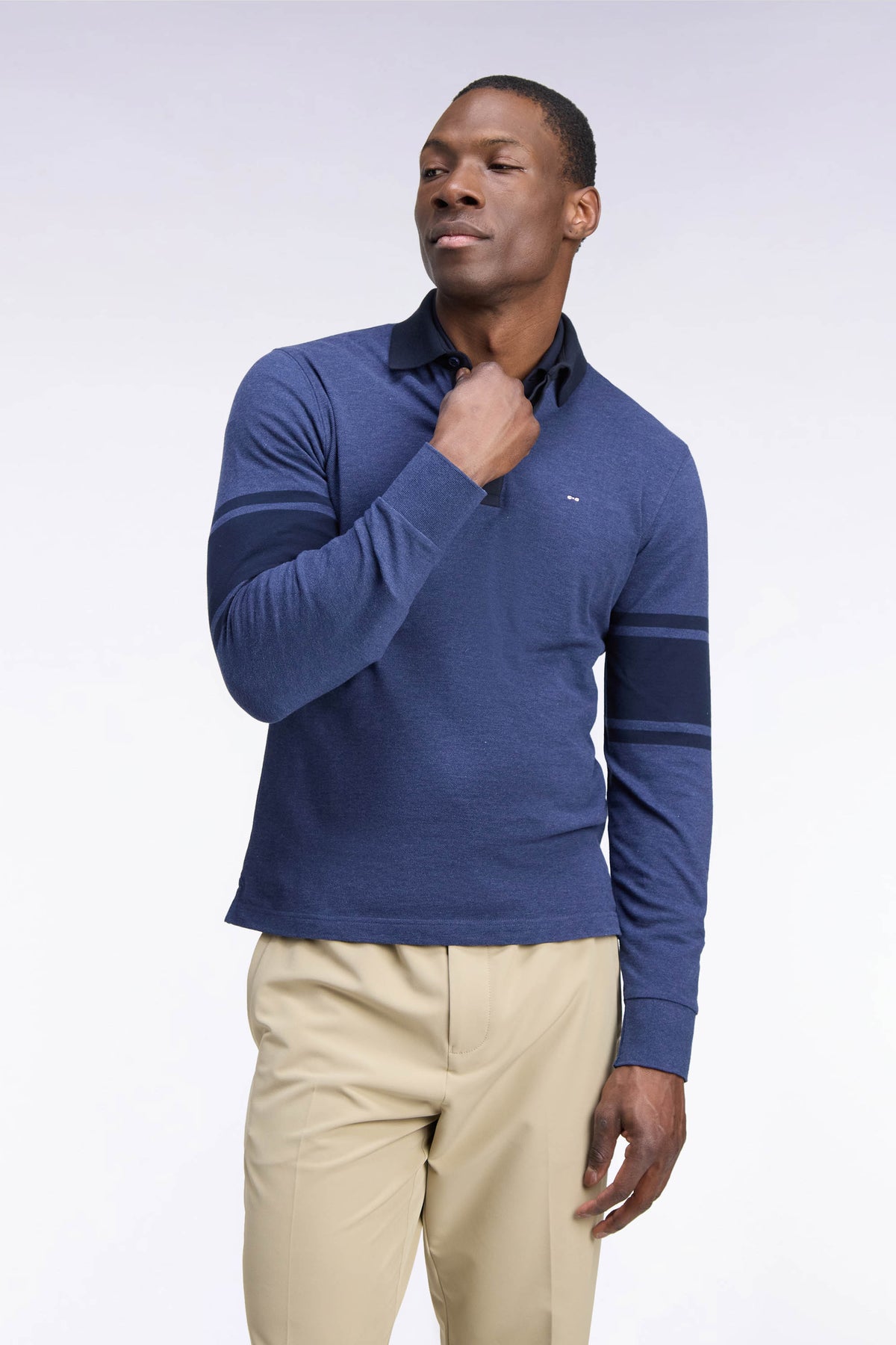 Polo à manches longues en piqué coton bleu et marine coupe droite