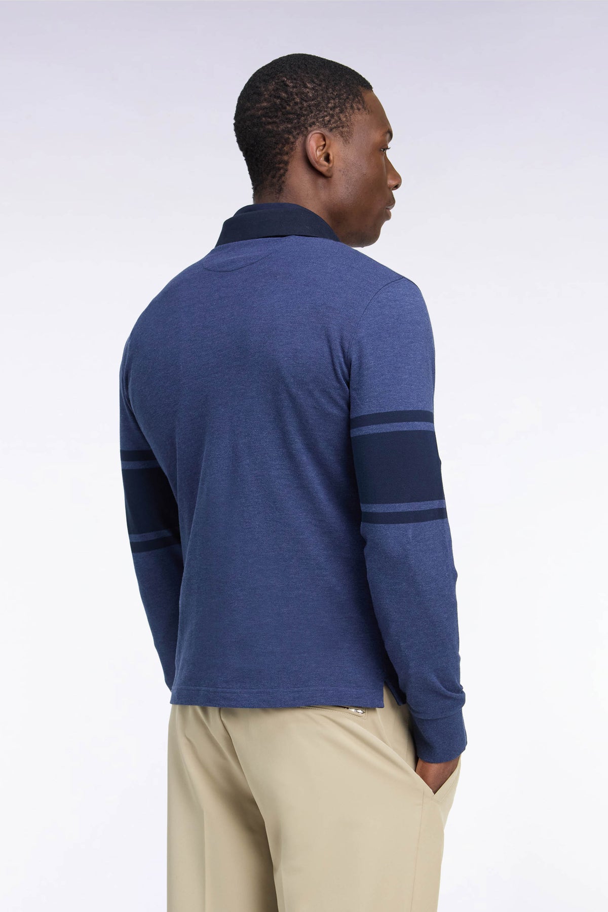 Polo à manches longues en piqué coton bleu et marine coupe droite