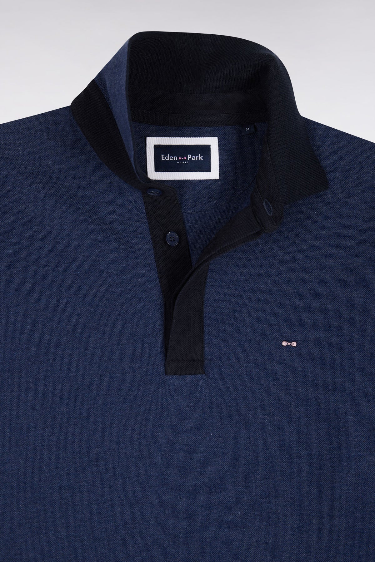 Polo à manches longues en piqué coton bleu et marine coupe droite