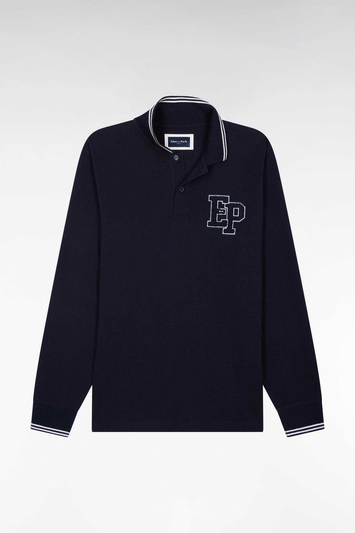 Polo manches longues en piqué de coton peigné marine coupe droite