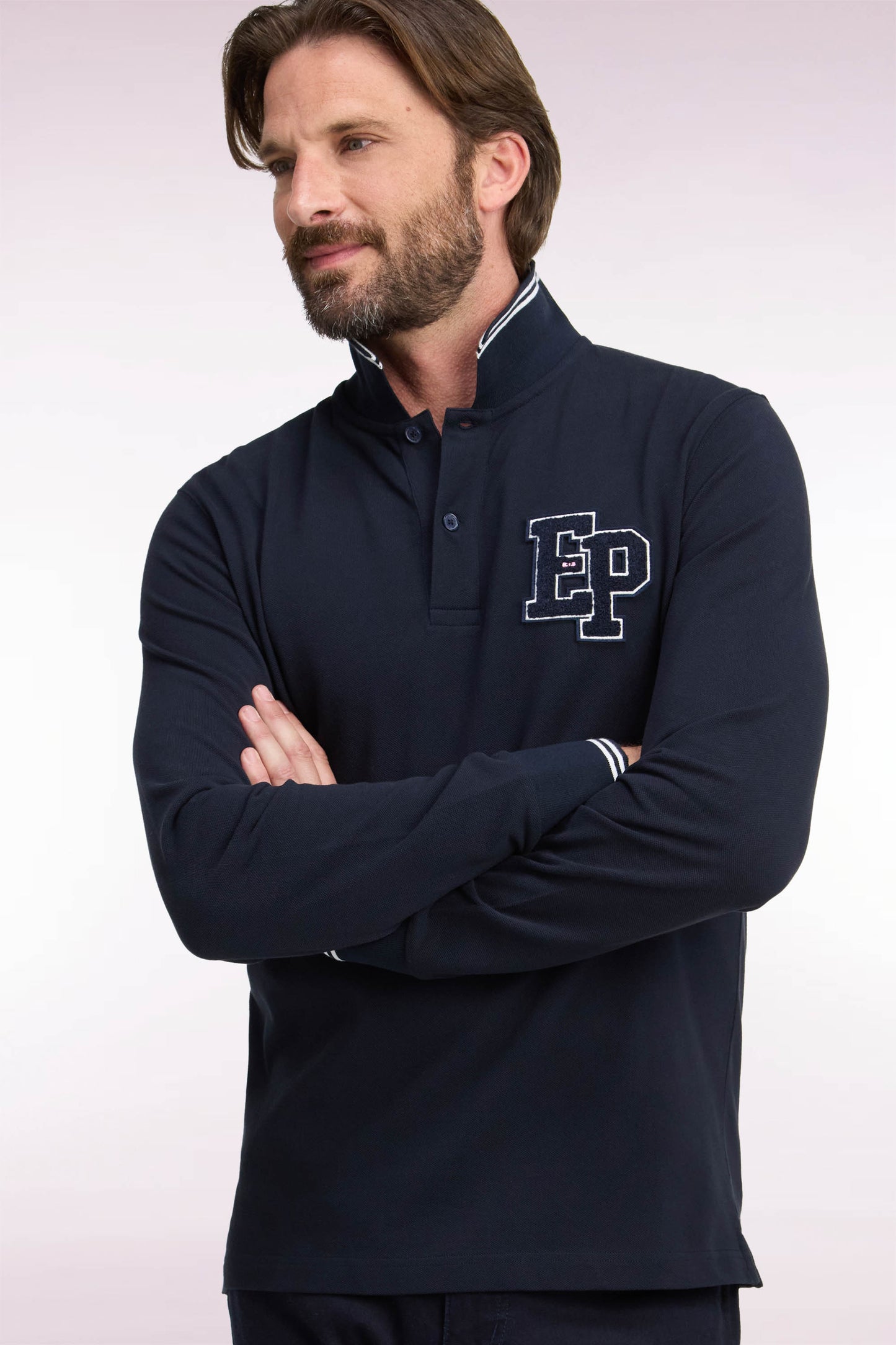 Polo manches longues en piqué de coton peigné marine coupe droite
