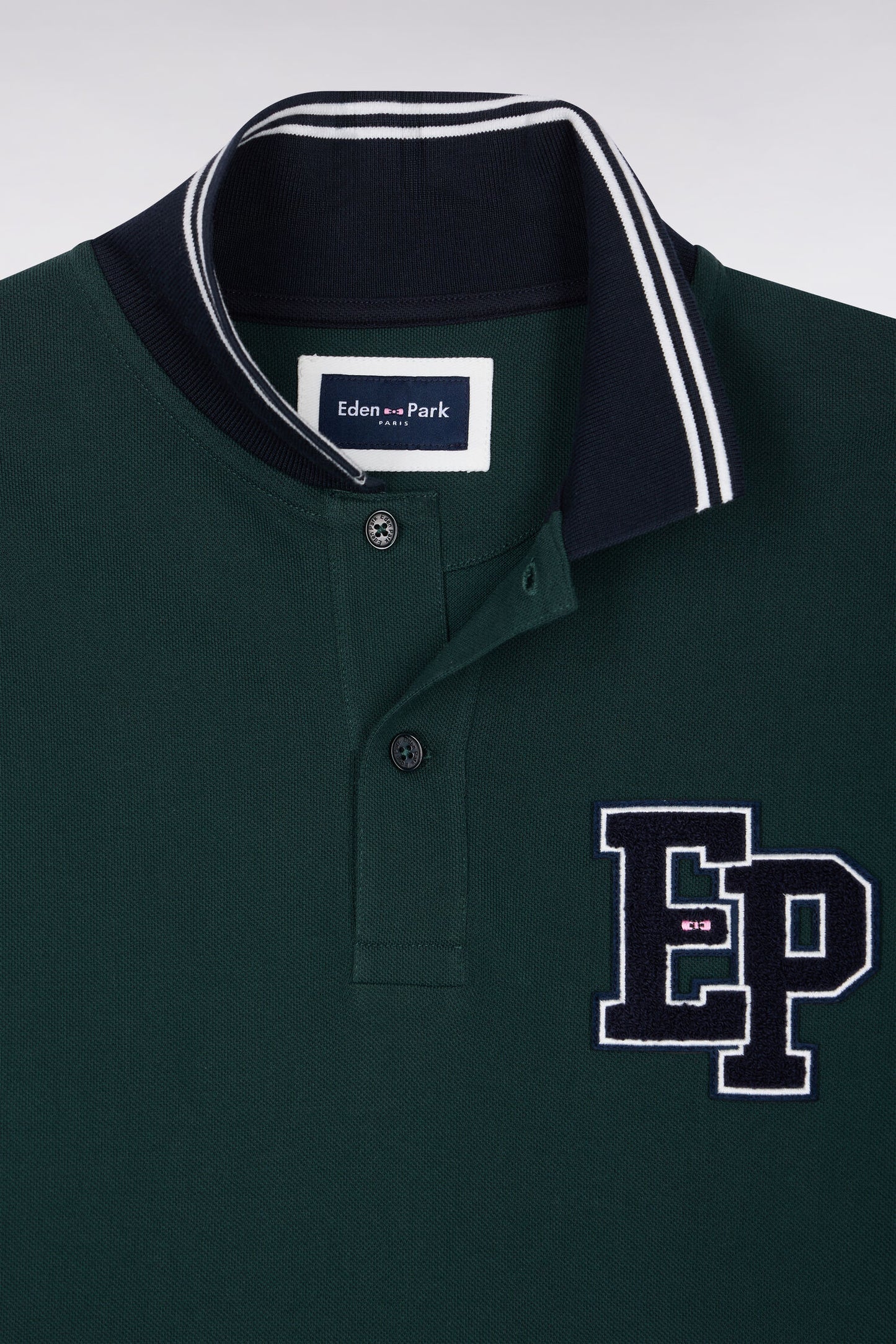 Polo manches longues en piqué de coton peigné vert foncé coupe droite