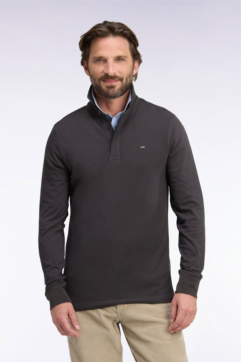 Polo manches longues en coton stretch marron coupe ajustée - Image 3