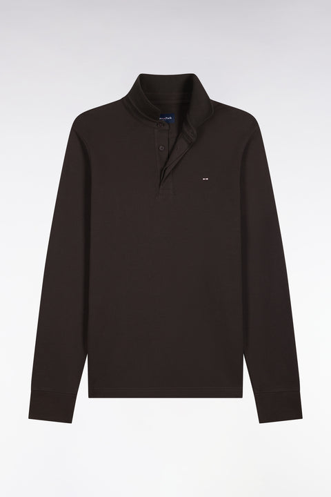 Polo manches longues en coton stretch marron coupe ajustée - Image 2