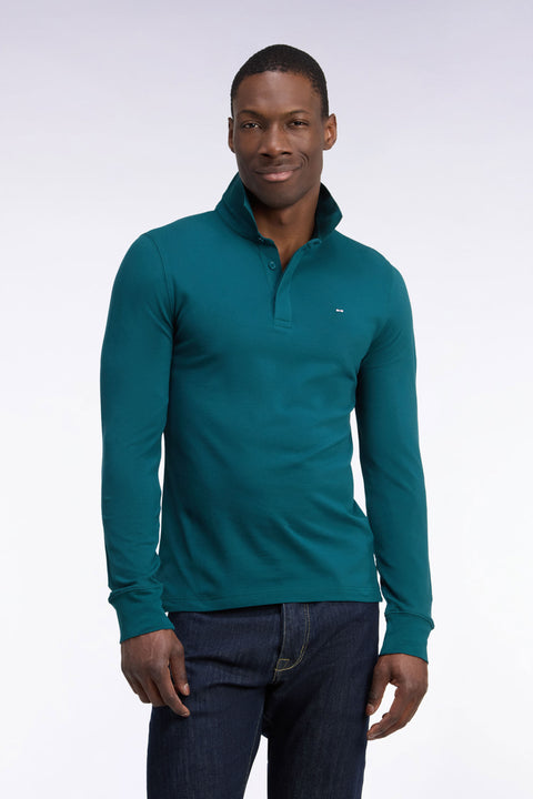 Polo manches longues en coton stretch vert coupe ajustée - Image 3