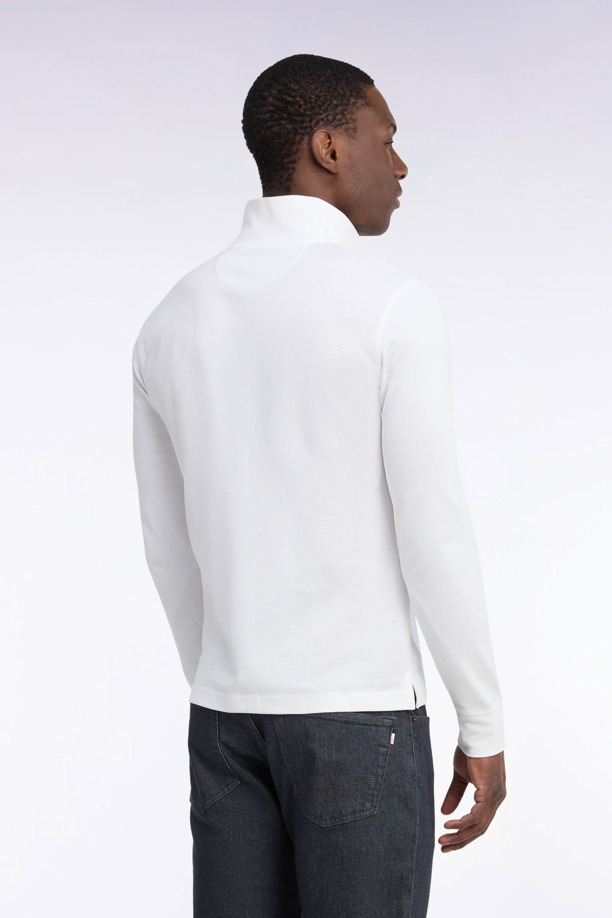 Polo manches longues en coton Pima blanc coupe droite