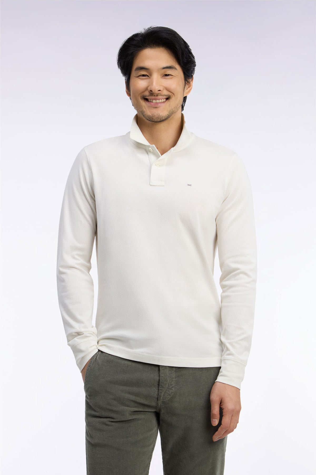 Polo manches longues en coton Pima écru coupe droite