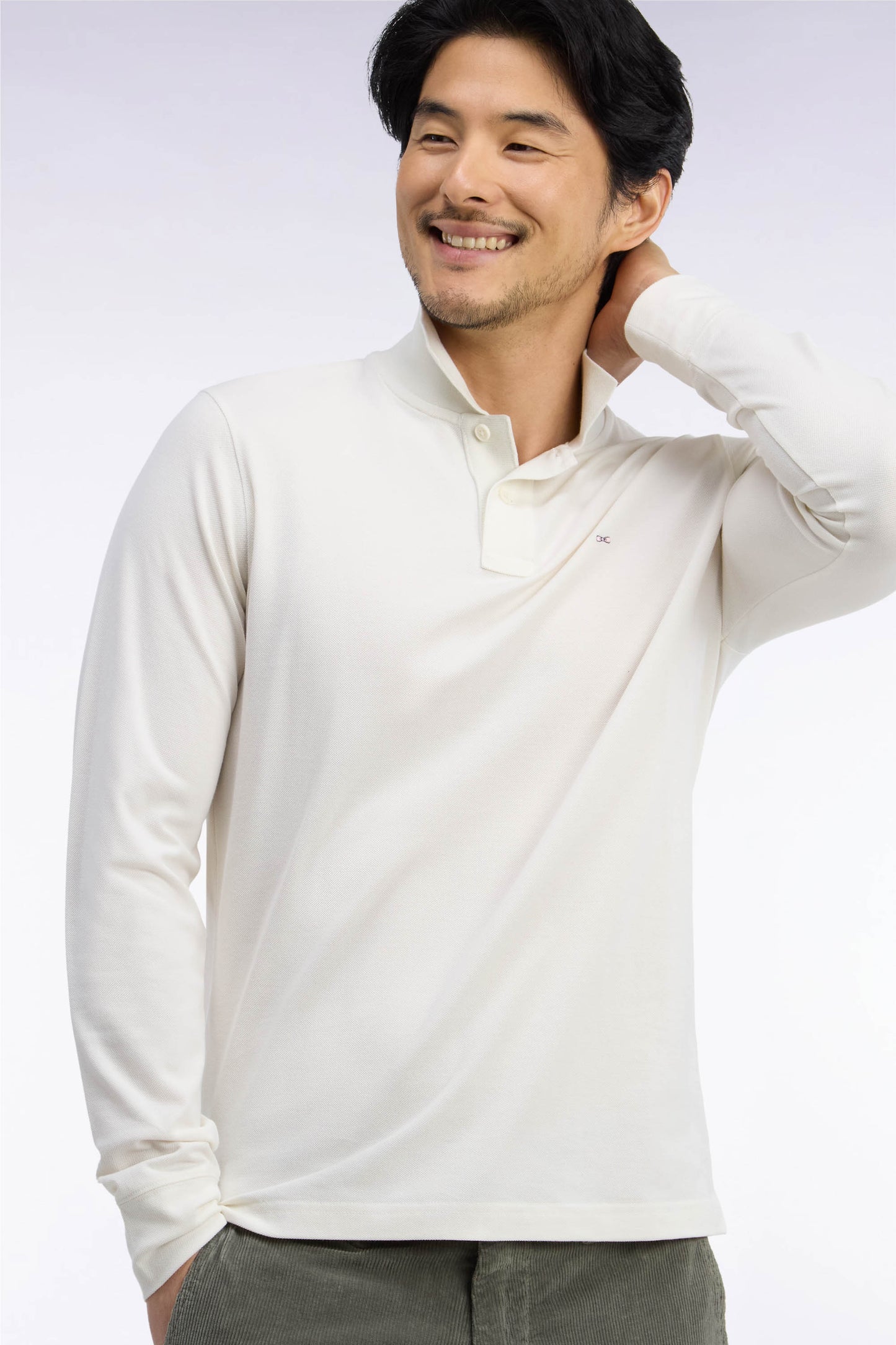 Polo manches longues en coton Pima écru coupe droite