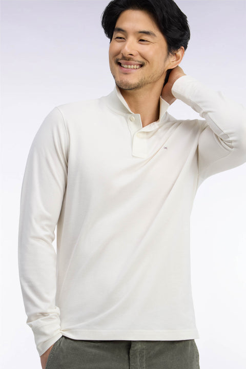 Polo manches longues en coton Pima écru coupe droite - Image 1