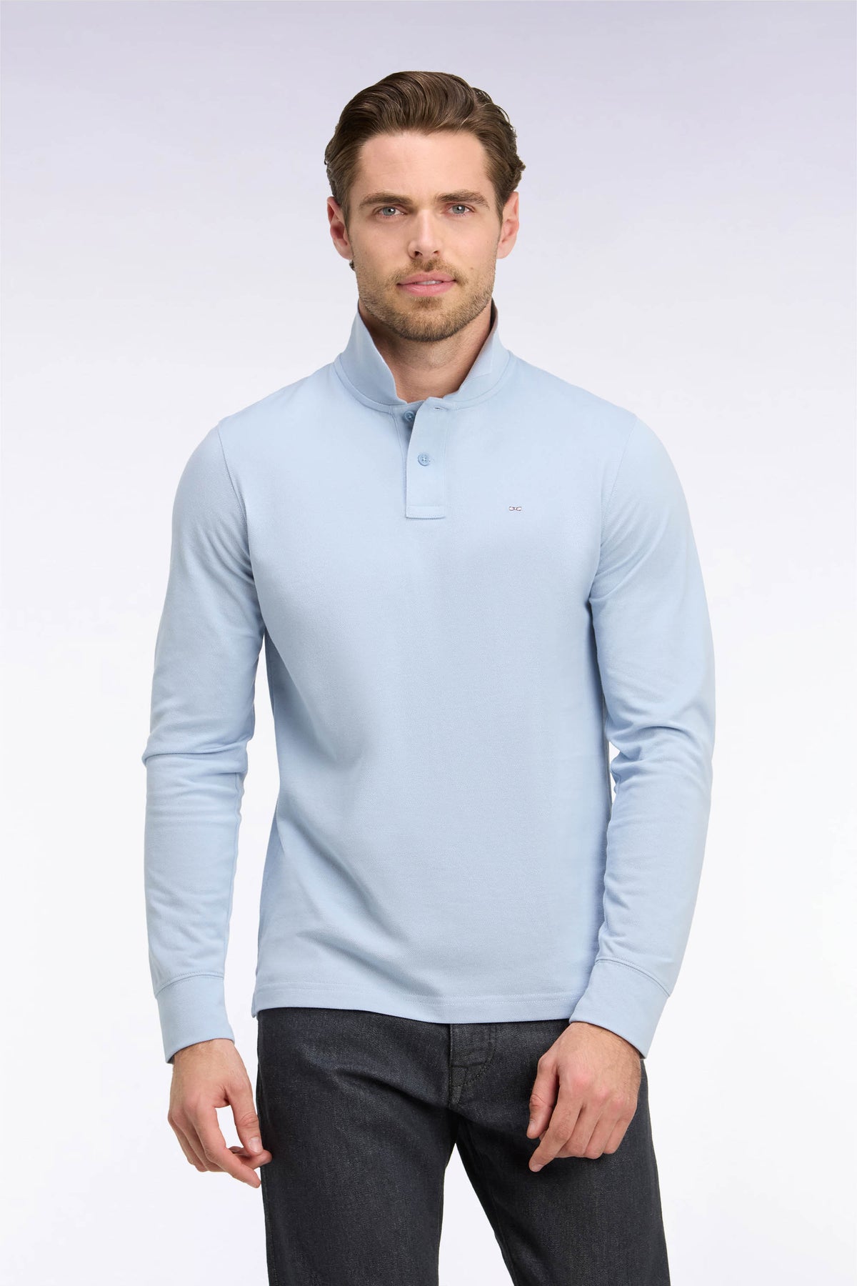 Polo manches longues en coton Pima bleu ciel coupe droite