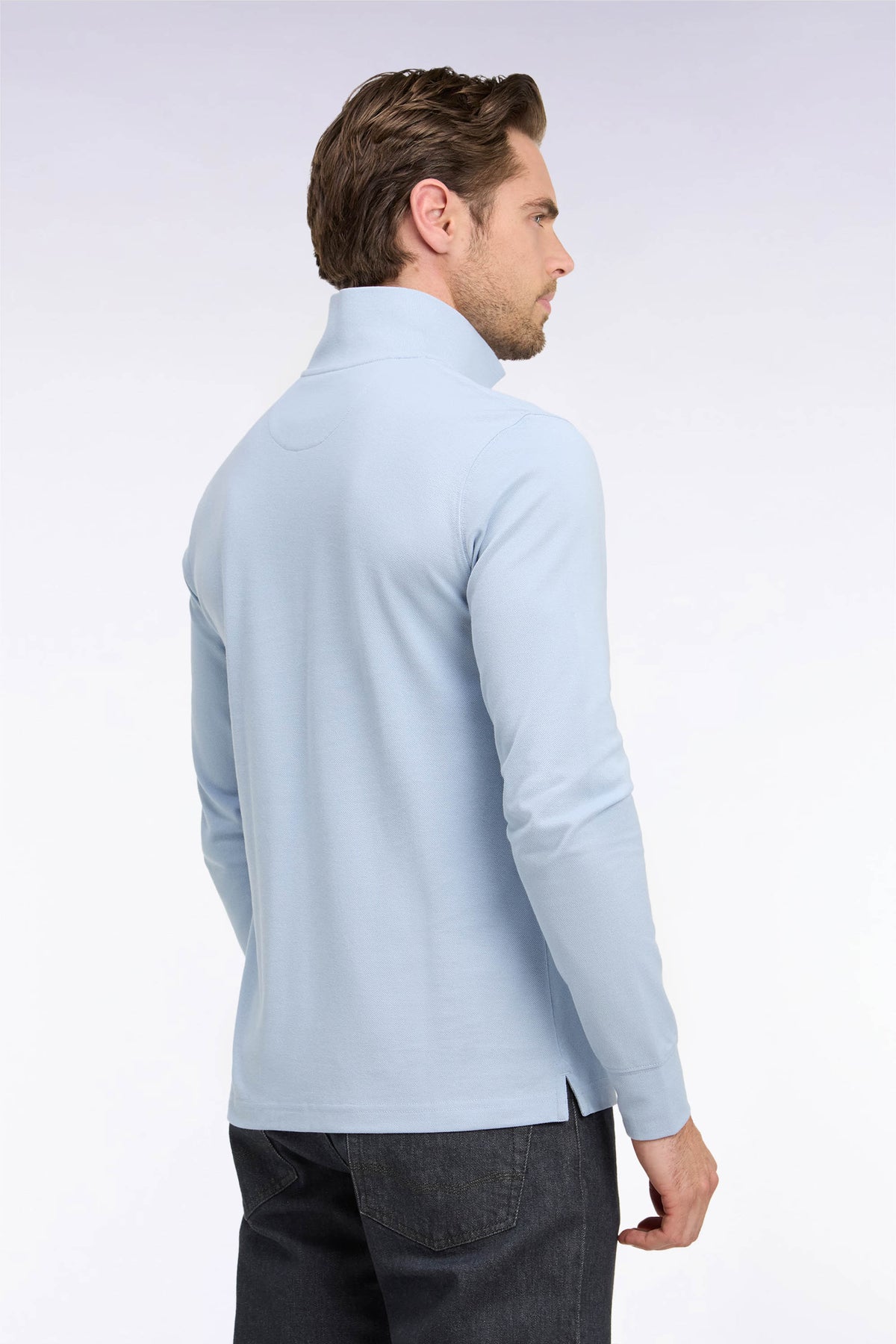 Polo manches longues en coton Pima bleu ciel coupe droite