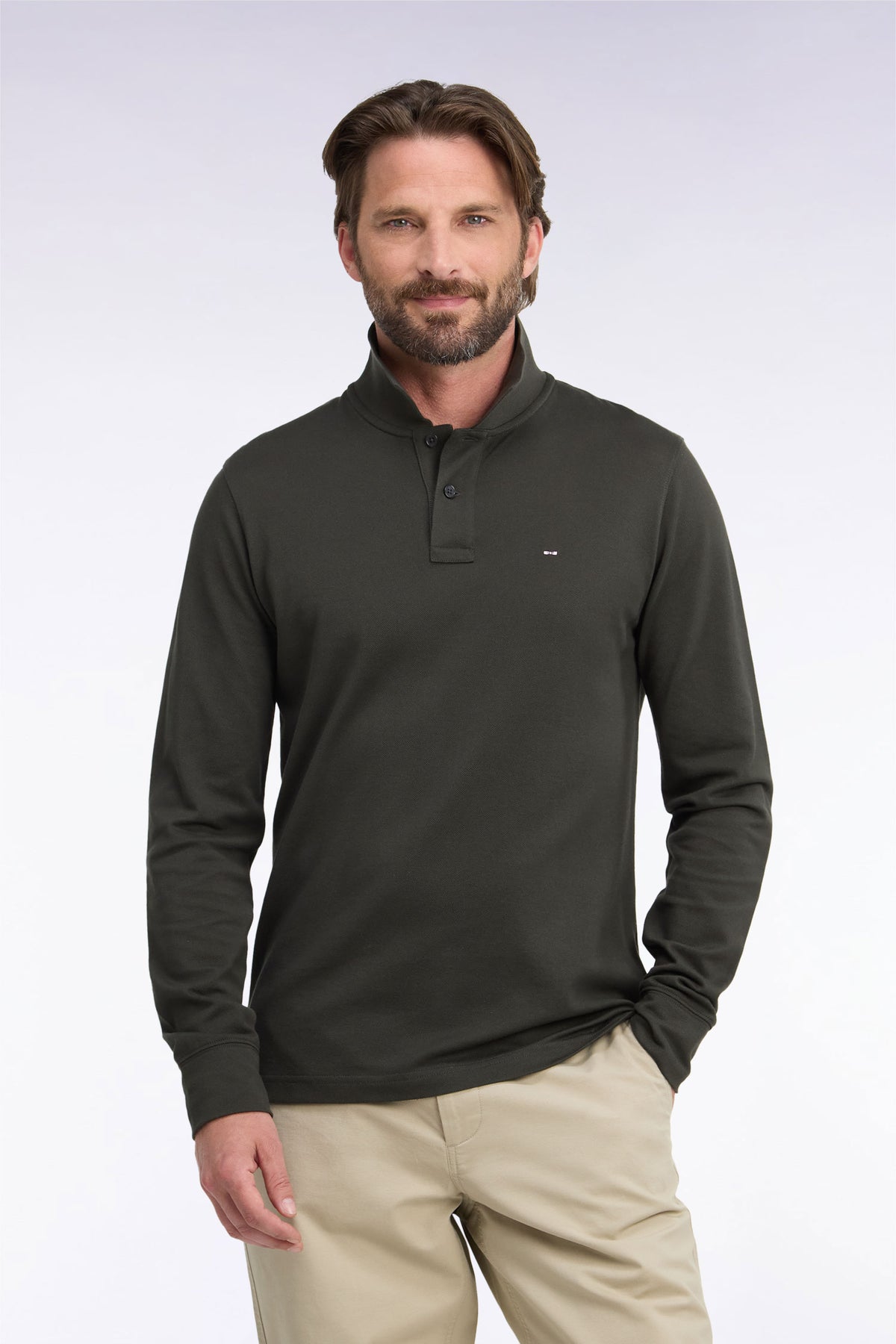 Polo manches longues en coton Pima kaki coupe droite