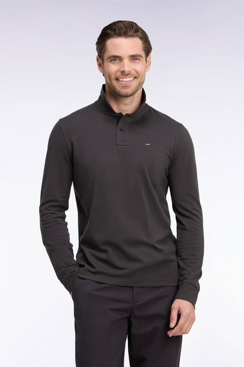 Polo manches longues en coton Pima marron foncé coupe droite - Image 3