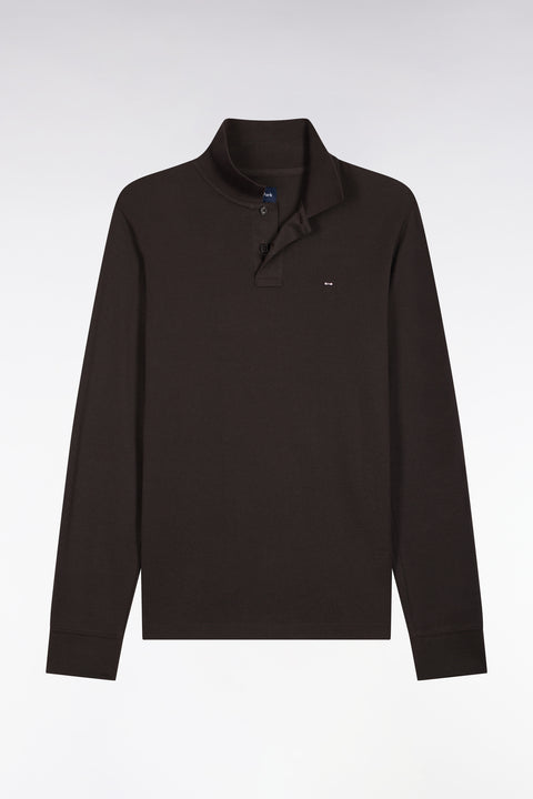 Polo manches longues en coton Pima marron foncé coupe droite - Image 2