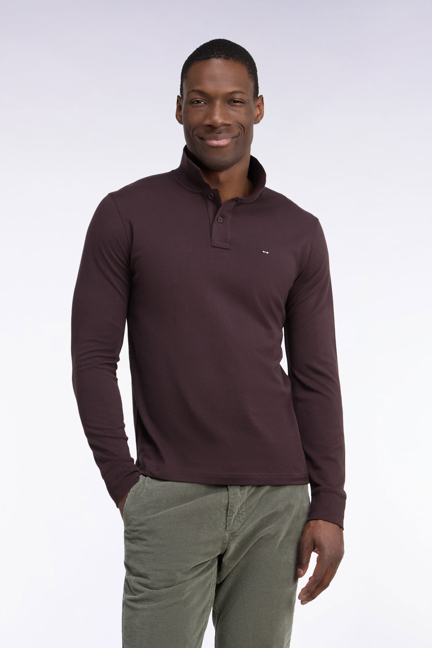 Polo manches longues en coton Pima marron coupe droite