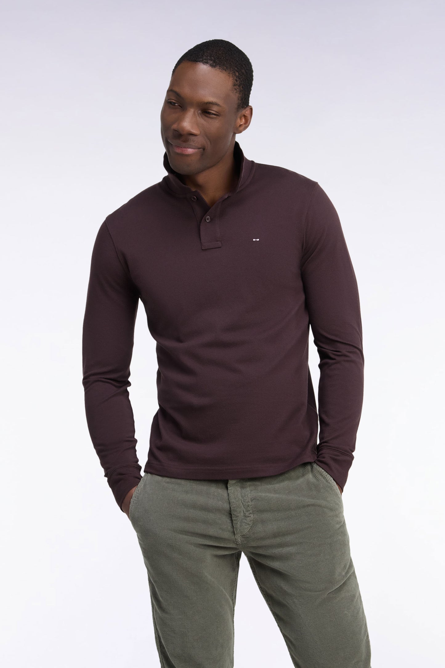Polo manches longues en coton Pima marron coupe droite