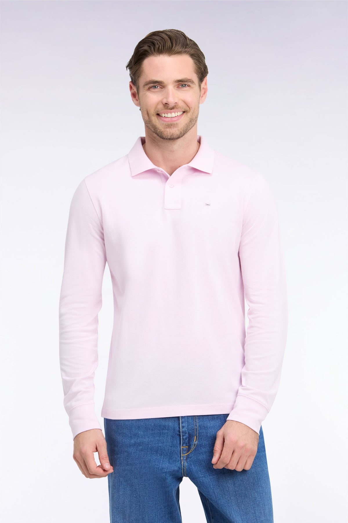 Polo manches longues en coton Pima rose coupe droite