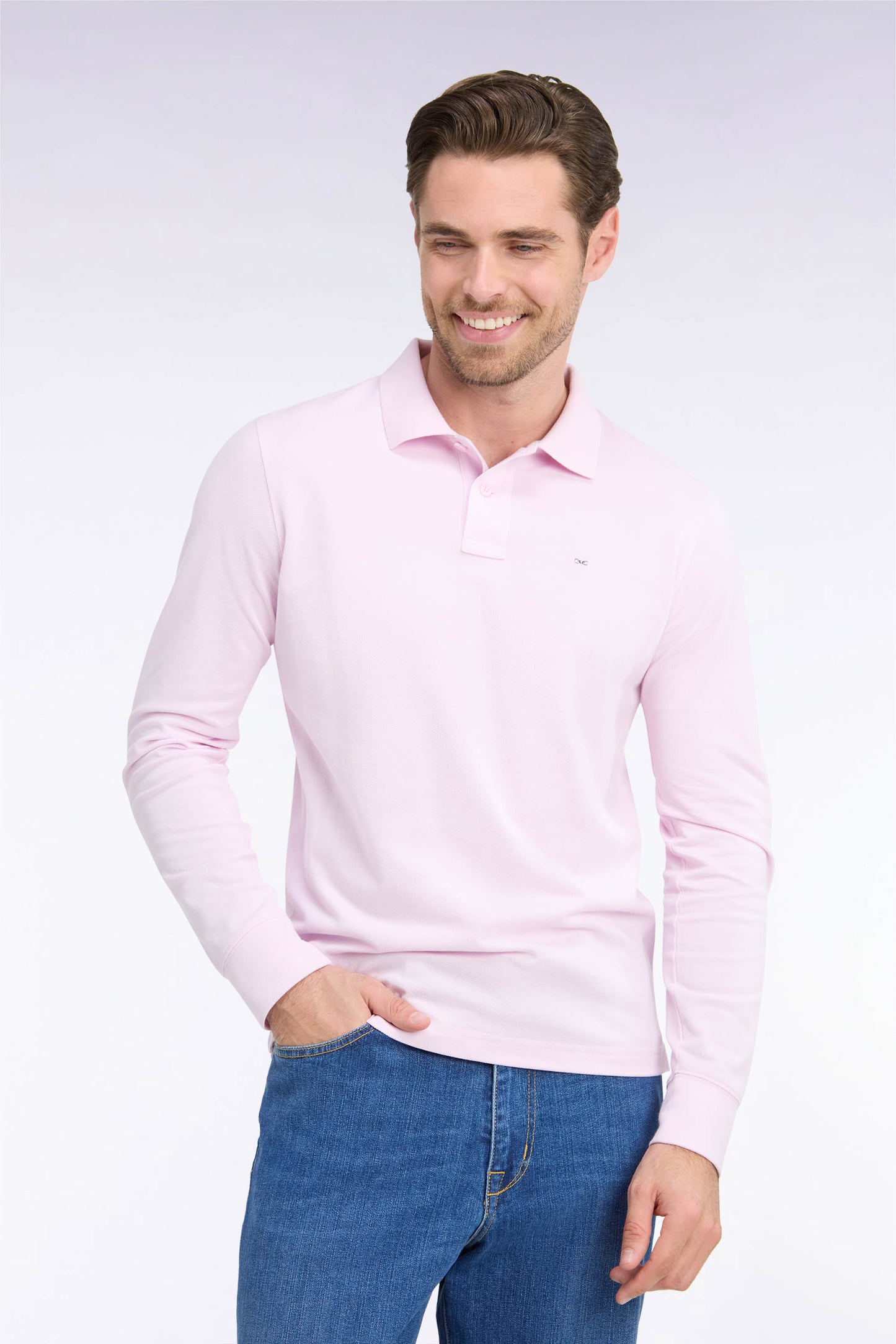 Polo manches longues en coton Pima rose coupe droite