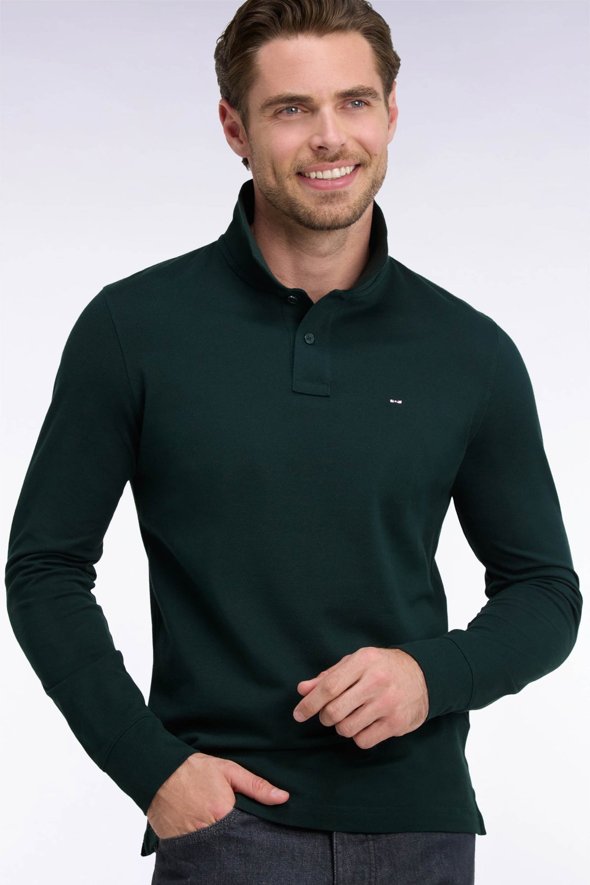 Polo manches longues en coton Pima vert foncé coupe droite