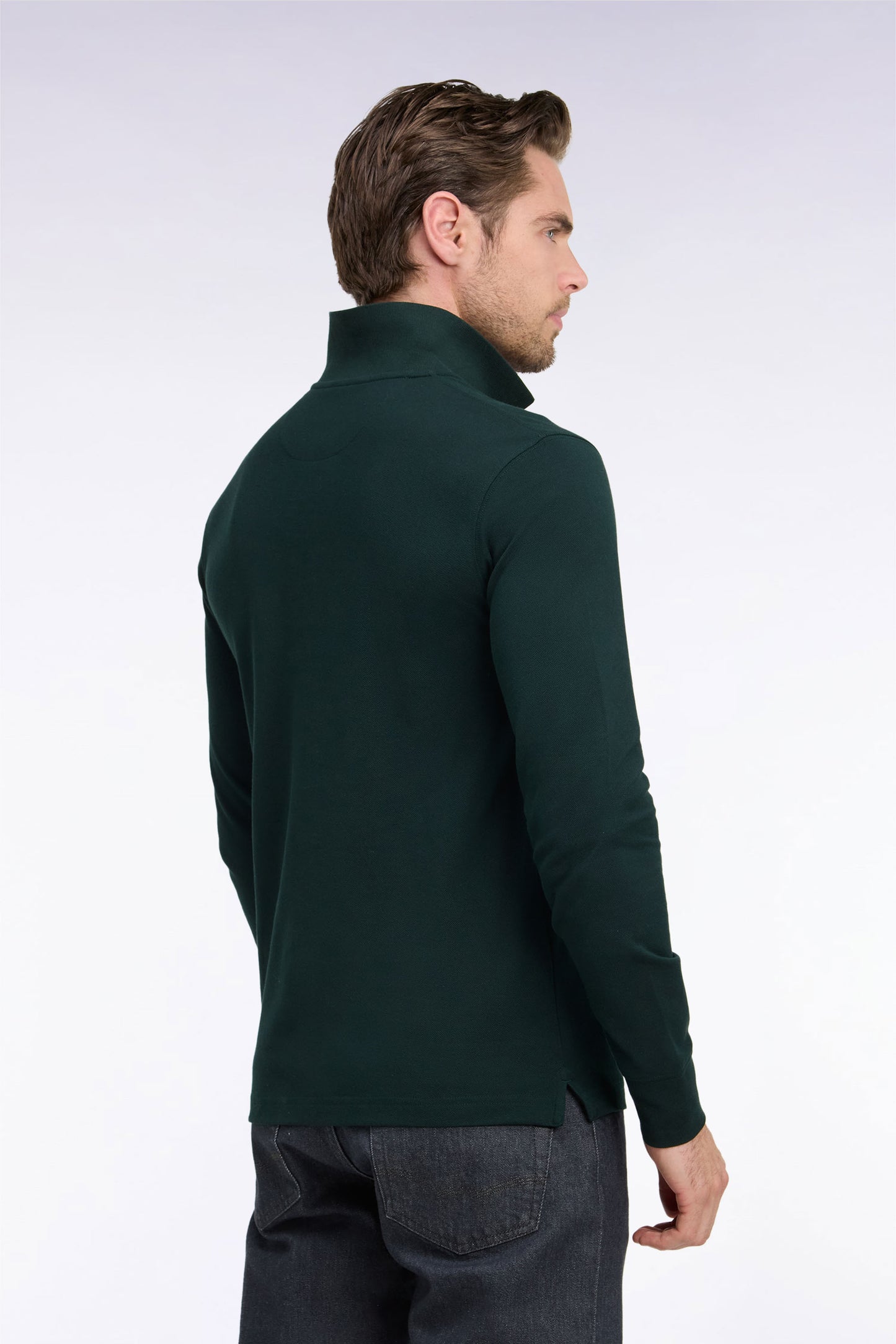 Polo manches longues en coton Pima vert foncé coupe droite