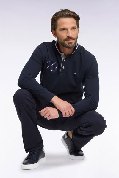 Long-sleeved polo shirt in two-tone combed cotton pique navy XV de France